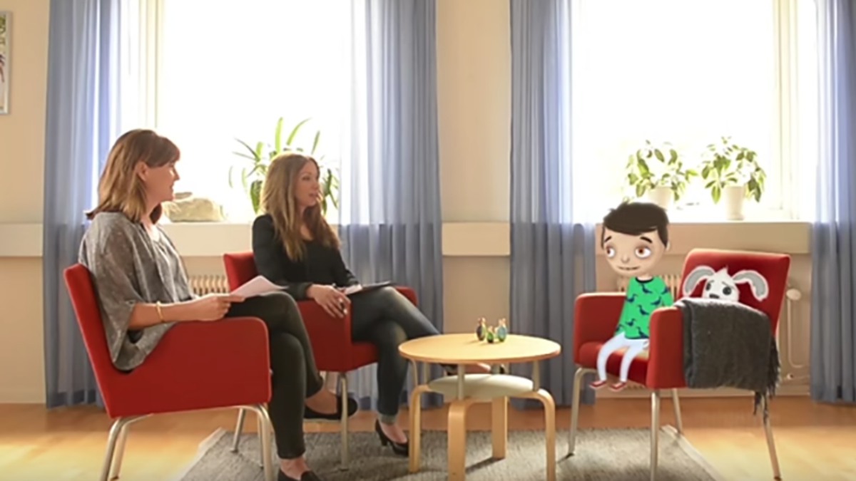 Bild: Animerat barn samtalar med två familjerättssekreterare